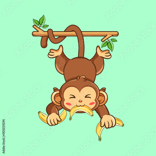 Happy Monkey Eating Bananas While Hanging Upside Down Vector Illustration Cartoon Design