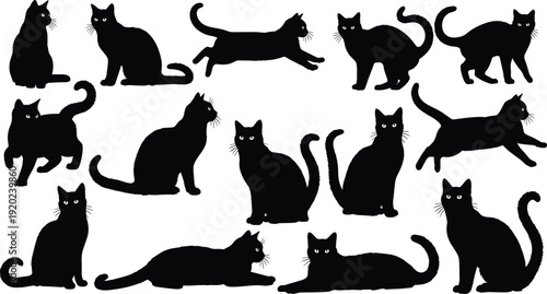 Black cat silhouettes collection featuring playful, sitting and lying feline poses isolated on white background, detailed domestic pet illustration set for Halloween and design projects