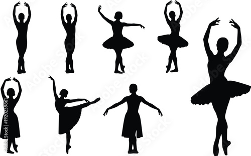 Ballet dancer silhouettes collection featuring classical ballerina poses in tutu isolated on white background, elegant dance performance illustration set for artistic and theater design