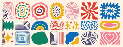 modern abstract retro vintage shapes set. Colorful hand drawn collection geometric organic elements doodle collection. 60s 70s design aesthetics
