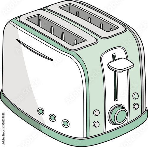 Mint green toaster with white accents and silver slots
