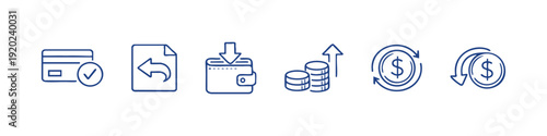 Set of financial line icons featuring credit card payment, wallet deposit, coin growth, dollar exchange, and refund symbols. Minimalist vector design.