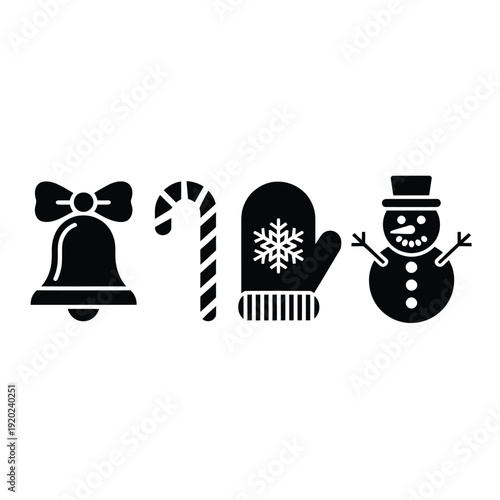 Simple black silhouettes of winter holiday icons bell candy mitten snowman