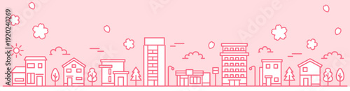 街並みに咲く桜 ピンク背景 シンプル線画 Webヘッダー