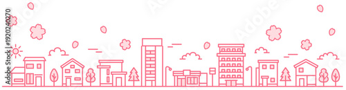 桜のある春の街並み シンプル線画 Webバナー背景