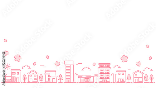 ミニマルな桜の街並み 細線タッチ 横長背景素材