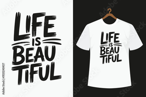 White t-shirt with black text life is on hanger life is hanger