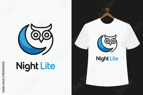 White t-shirt with blue and black owl and moon and Night Lite text on it