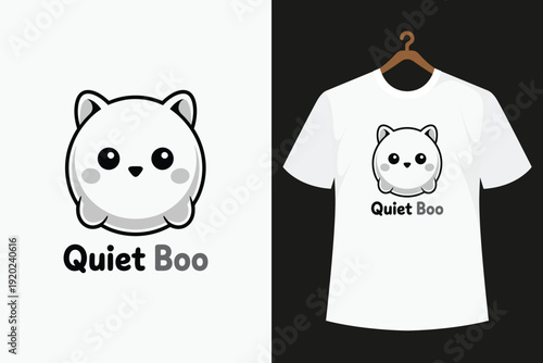 White t-shirt with cute ghost cat and quiet boo text on black background