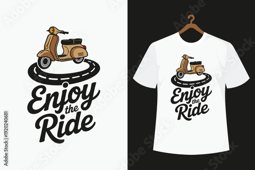 White t-shirt with brown scooter and enjoy the ride text on black background