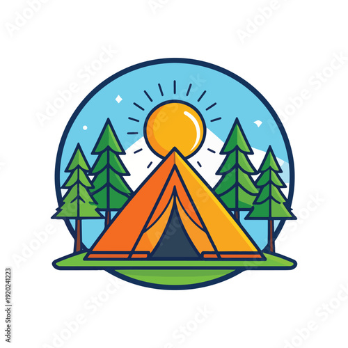 Camping adventure emblem with tent and sunrise in forest nature scene