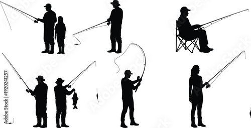 Fishing silhouettes collection featuring anglers casting rods, father and child fishing together, seated fisherman with catch, isolated on white background illustration set