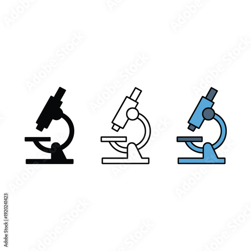 Three microscope icons displayed in varying styles and color schemes
