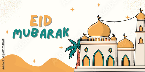 Festive Eid Mubarak Celebration: A vibrant illustration showcasing the spirit of Eid Mubarak with a mosque and celebratory elements, conveying joy and cultural significance.