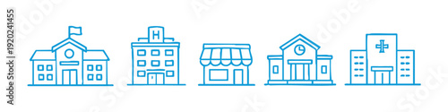 Set of five hand-drawn building icons including school, hospital, shop, and town hall in a doodle style on white background.