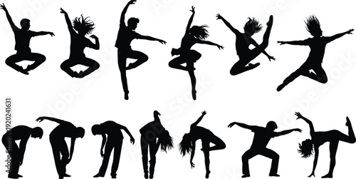 Modern dance silhouettes collection featuring expressive contemporary dancers jumping and stretching isolated on white background, dynamic artistic movement illustration set for performance and 