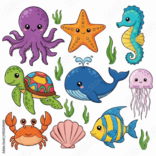 Marine Life Vector Set - Sea Horse and Little Crab Illustration. Adorable sea horse and a cheerful crab surrounded by shells and seaweed.