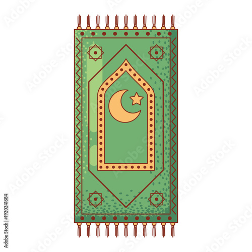 Green islamic prayer rug or sajadah illustration with crescent moon and star pattern