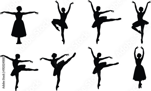 Set of ballet dancer silhouettes in elegant poses isolated on white background, graceful ballerina collection showcasing classical dance movements, tutu costumes and artistic performance shapes