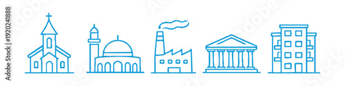Set of hand-drawn building icons including a church, mosque, factory, temple, and apartment block in a simple line art style on white background.
