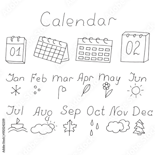 Hand drawn calendar set with monthly names from January to December and seasonal weather icons for planner, organizer and bullet journal design minimalist black and white doodle illustration