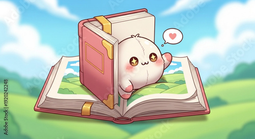 Cute Cartoon Mouse Reading Book in Green Field with Blue Sky