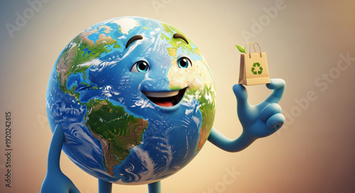 Smiling Earth Character Holding Recyclable Bag with Green Recycling Symbol