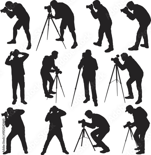 Professional photographer silhouette set, camera operator with tripod and DSLR shooting poses isolated on white background, flat vector illustration