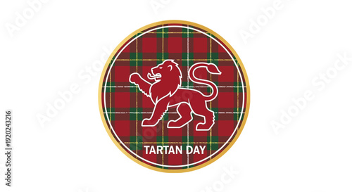 Flat design icon of a red lion on a tartan pattern background celebrating Tartan Day with a white outline and yellow border.