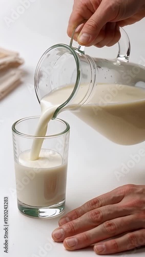 Harmonious pouring Fresh dairy beverage: steadily filling a clear glass Setting: Clean kitchen counter: a wholesome domestic moment