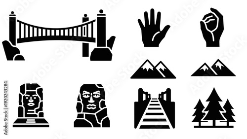 Collection of black icons representing landmarks, nature, and human gestures