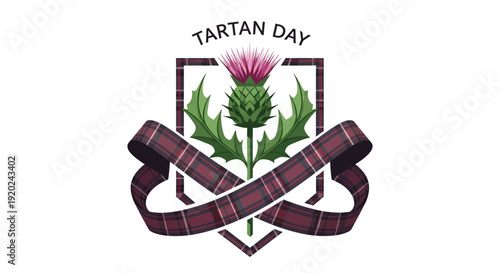 Tartan Day vector graphic featuring a thistle flower, plaid pattern, and Scottish flag elements in a flat design with a medieval theme on a white background.