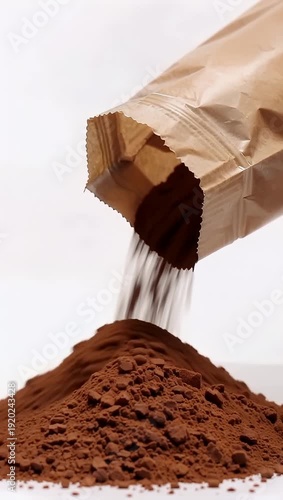 Steady descent of rich cocoa powder from a humble kraft bag forming a textured mound on an unblemished white backdrop displaying granular detail