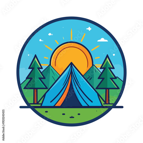 Camping adventure emblem with tent and sunrise in forest nature scene