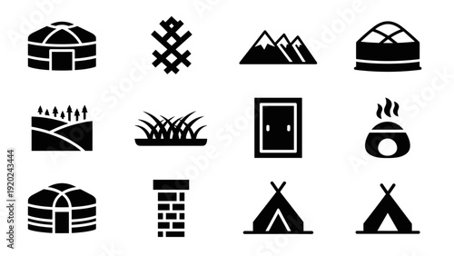 Collection of black icons representing nomadic dwellings, nature, and architectural elements