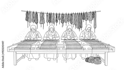 Four women in hijabs weaving fabric on looms, with yarn hanging above