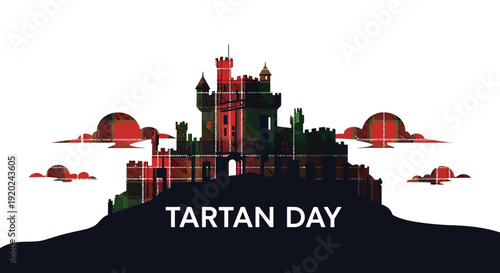 Flat design illustration of a Scottish castle silhouette with a tartan pattern and red accents on a black landscape with clouds, celebrating Tartan Day with a medieval theme.