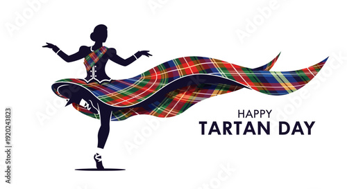 A vibrant flat design illustration of a dancing woman in a kilt outfit with a flowing tartan pattern, celebrating Scottish heritage on Happy Tartan Day against a clean white background.