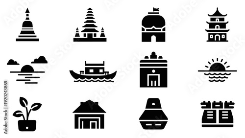 Collection of black icons representing travel, culture, and nature elements