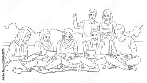 Diverse group of students studying together outdoors, enjoying learning and collaboration