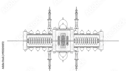 Symmetrical architectural drawing of a grand mosque with minarets and domes reflected in water