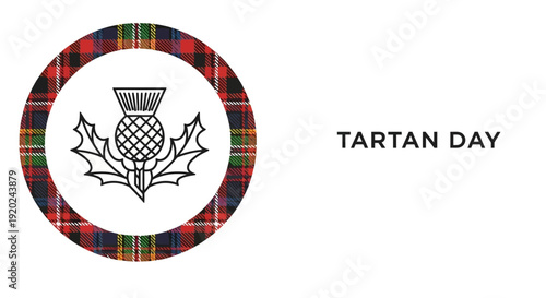 Flat design illustration of a thistle flower with Celtic knot and tartan pattern for Scottish heritage and Tartan Day celebrations on a white background.