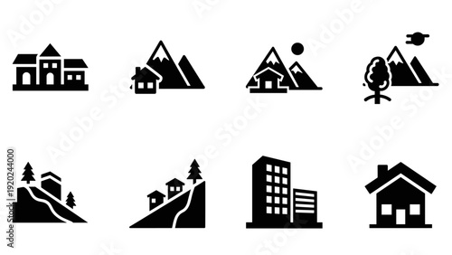 Collection of diverse housing and building icons representing different environments and structures