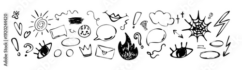 Hand-drawn doodle with childish drawing elements. Pencil or pen doodle style with cute crowns, hearts, stars, eyes, letters, clouds, spider webs, questions, lips, and sun for kids' stationery.