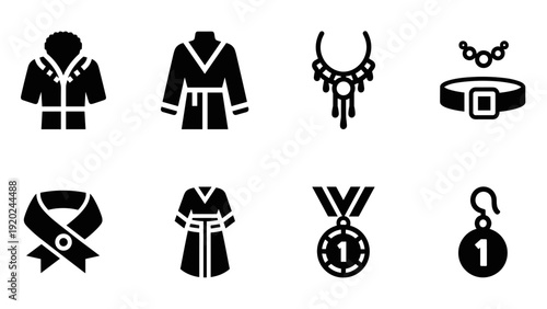 Collection of fashion and award icons including clothing, jewelry, and medals
