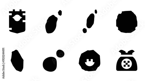 Collection of eight abstract black icons representing various objects and symbols on a white background