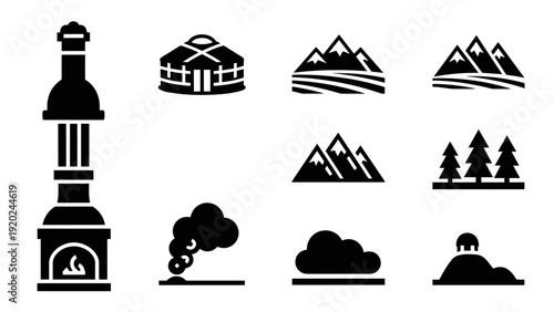 Collection of diverse landscape and architectural icons in silhouette style