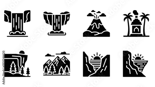 Collection of nature landscape icons including waterfalls, volcano, mountains, and sunset scenes