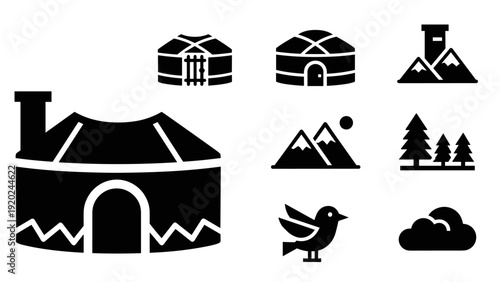 Collection of black icons representing nomadic dwellings, nature, and wildlife