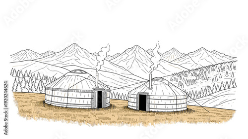 Two traditional yurts nestled in a grassy field with mountains and pine trees in the background